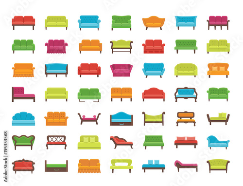 Sofas & Couches. Living room & patio furniture. Vector icons.