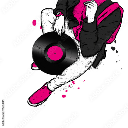 A guy in jeans and a vinyl record. Meloman. Vector illustration.
