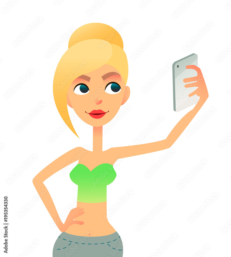 Happy young woman taking selfie to the front of the smartphone . Beautiful girl photografers herself to the phone. A star of social networks is posing on the air Happy young woman taking selfie to the front of the smartphone . Beautiful girl photografers herself to the phone. A star of social networks is posing on the air