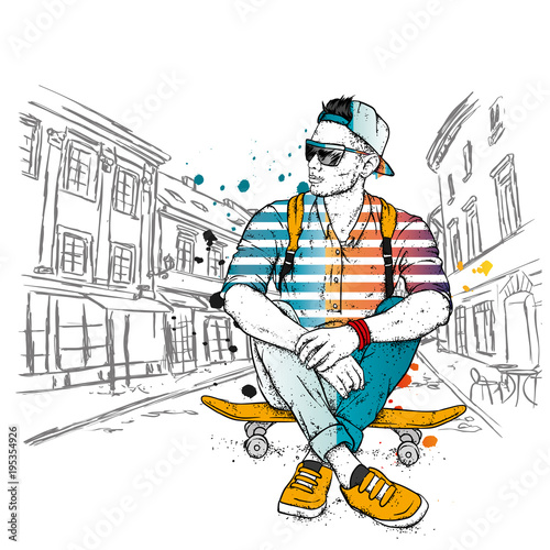 Stylish skater in jeans and sneakers. Skateboard. Vector illustration for a postcard or a poster, print for clothes. Street cultures.
