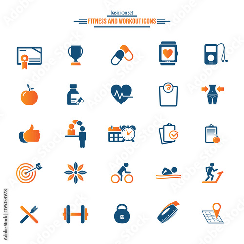 25 fitness icons set, gym, workout, exercises, training pictograms, vector illustration