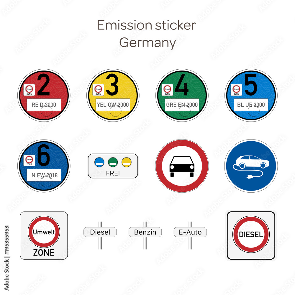 Vettoriale Stock Emission sticker. German emission stickers for cars and  traffic signs prohibiting the use of diesel vehicles (in German). | Adobe  Stock
