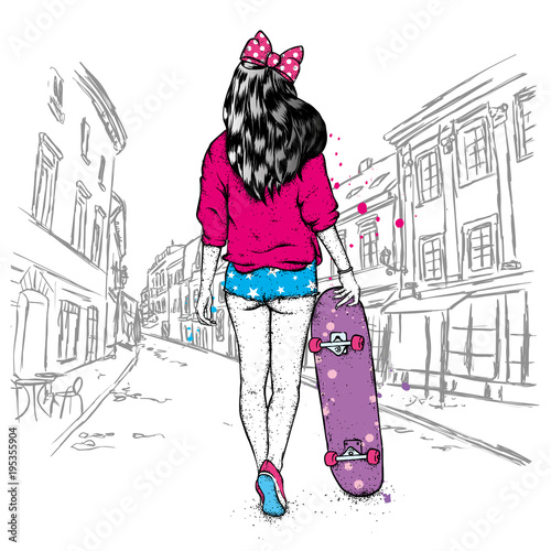 Beautiful girl in shorts and with a skateboard. A skater girl. Vector illustration. Street sports, skateboarding, extreme.