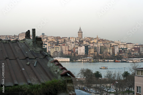 Galata tower and karakoy view behind ruins of istanbul
