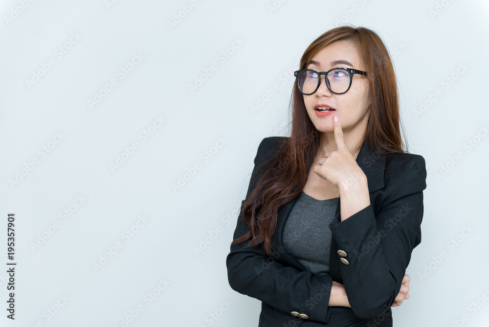 Business woman think for ideas isolate on white background,Thailand people,Secretary girl thinking concept Business woman think for ideas isolate on white background,Thailand people,Secretary girl thinking concept