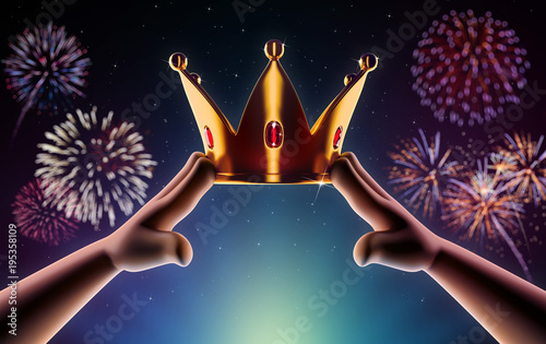 Hands cartoon are wearing a golden crown on head copy space on a background with fireworks. Winner. Leader. Selfish person. Award ceremony concept. 3d render