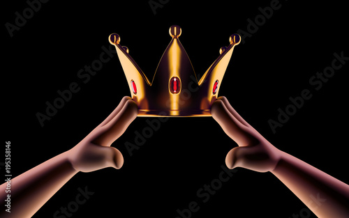 Hands cartoon are wearing a golden crown on head copy space isolated on dark background. Winner. Leader. Selfish person. Award ceremony concept.  3d render photo