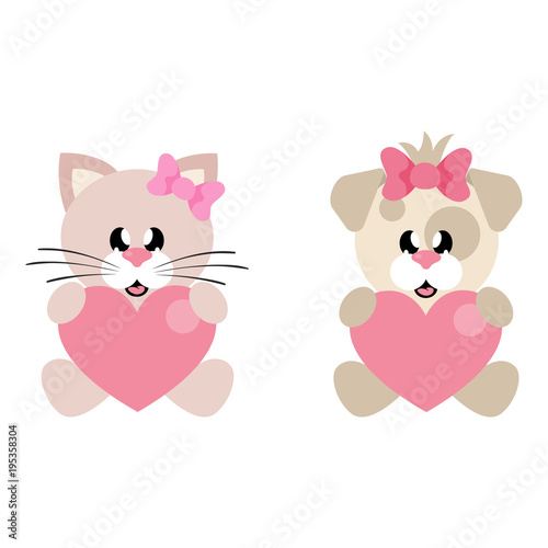 cartoon cute dog and cat girl with heart