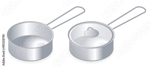 Flat isometric illustration of kitchen pot, pan with lid. Household cookware isolated on white background. Cooking domestic kitchenware vector concept: empty stainless steel stewpan with glass cover.