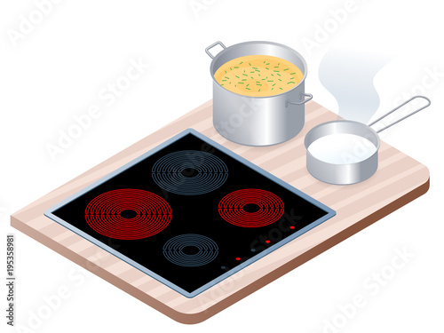 Flat isometric illustration of kitchen electric stove with pan, pot. Cooking workplace isolated on white background. Household, domestic appliance, cookware vector concept: cooker, saucepan, stewpan.