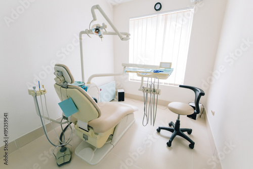 Instruments of the dentist, cabinet, furnishings. Clean and healthy teeth.