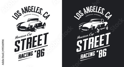 Vintage roadster car black and white isolated vector logo. 
Premium quality old sport vehicle logotype t-shirt emblem illustration. Los Angeles racing street wear hipster retro tee print design.
