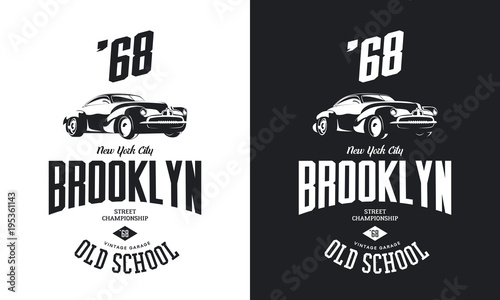 Vintage vehicle black and white tee-shirt isolated vector logo. 
Premium quality old sport car logotype t-shirt emblem illustration. Brooklyn, New York street wear hipster retro tee print design.