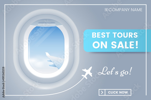 Travel offer banner concept with porthole airplane. Best tours on sale. Vacation banner ad. Vector illustration. Applicable for voucher,ticket, flyer. Eps 10