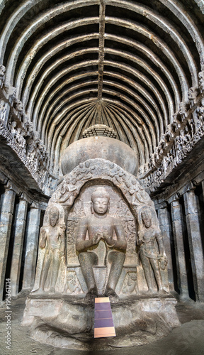 Interior of the Vishvakarma, the Cave no. 10 at the Ellora Complex, India photo