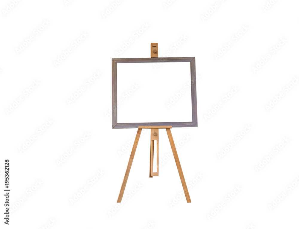 Blank art frame, wooden easel, front view, isolated on white, included clipping path Blank art frame, wooden easel, front view, isolated on white, included clipping path