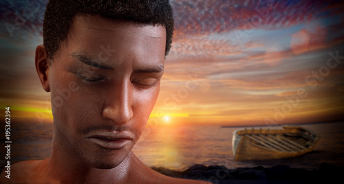 African boy migrant on the beach with abandoned boat