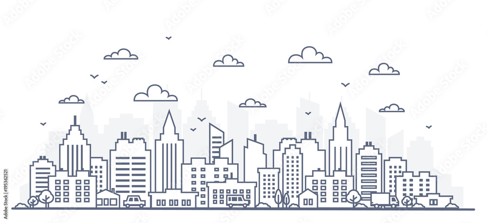 Thin line style city panorama. Illustration of urban landscape street with cars, skyline city office buildings, on light background. Outline cityscape. Wide horizontal panorama.
