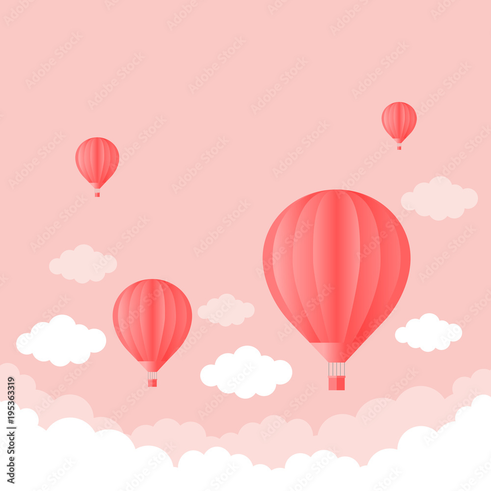 balloon in the sky with clouds pink color. Flat cartoon design.