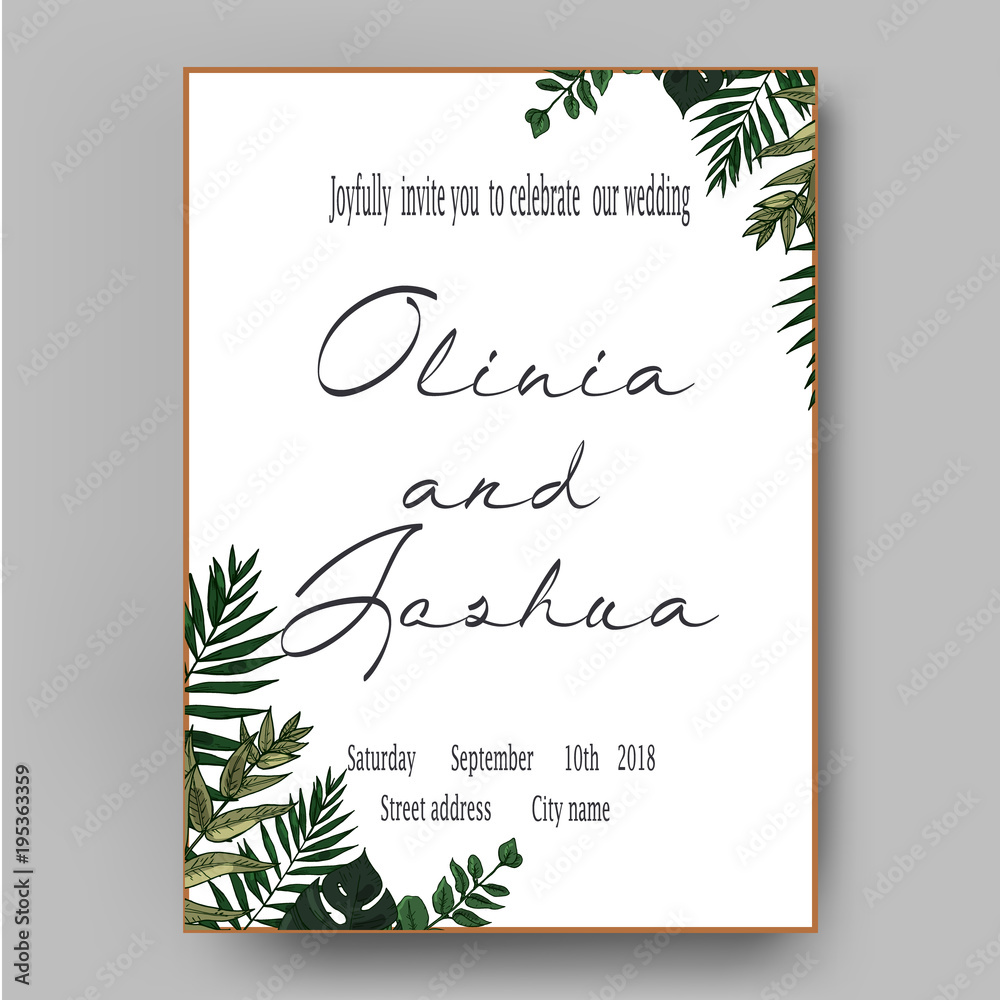 Vector wedding invite invitation save the date floral card design. Green fern, forest leaves herbs,