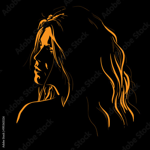 Woman face silhouette in backlight. Low Key.