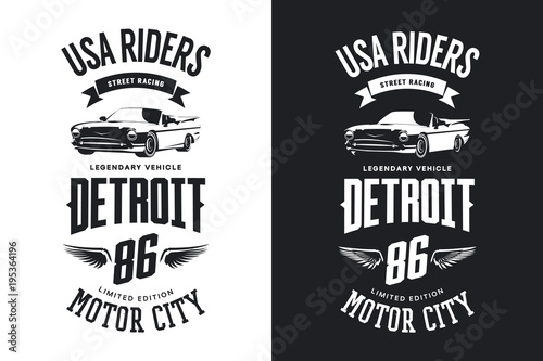 Vintage cabriolet vehicle black and white isolated t-shirt vector logo.
Premium quality classic car logotype tee-shirt emblem illustration. 
