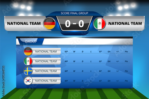 Vector Illustration Graphic of Scoreboard Broadcast and Lower Thirds Template with group table for soccer world tournament championship