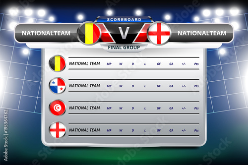 Vector Illustration Graphic of Scoreboard Broadcast and Lower Thirds Template with group table for soccer world tournament championship