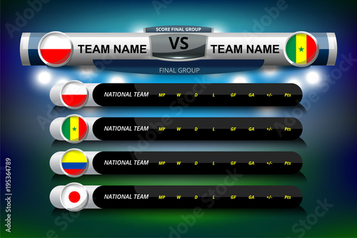 Vector Illustration Graphic of Scoreboard Broadcast and Lower Thirds Template with group table for soccer world tournament championship