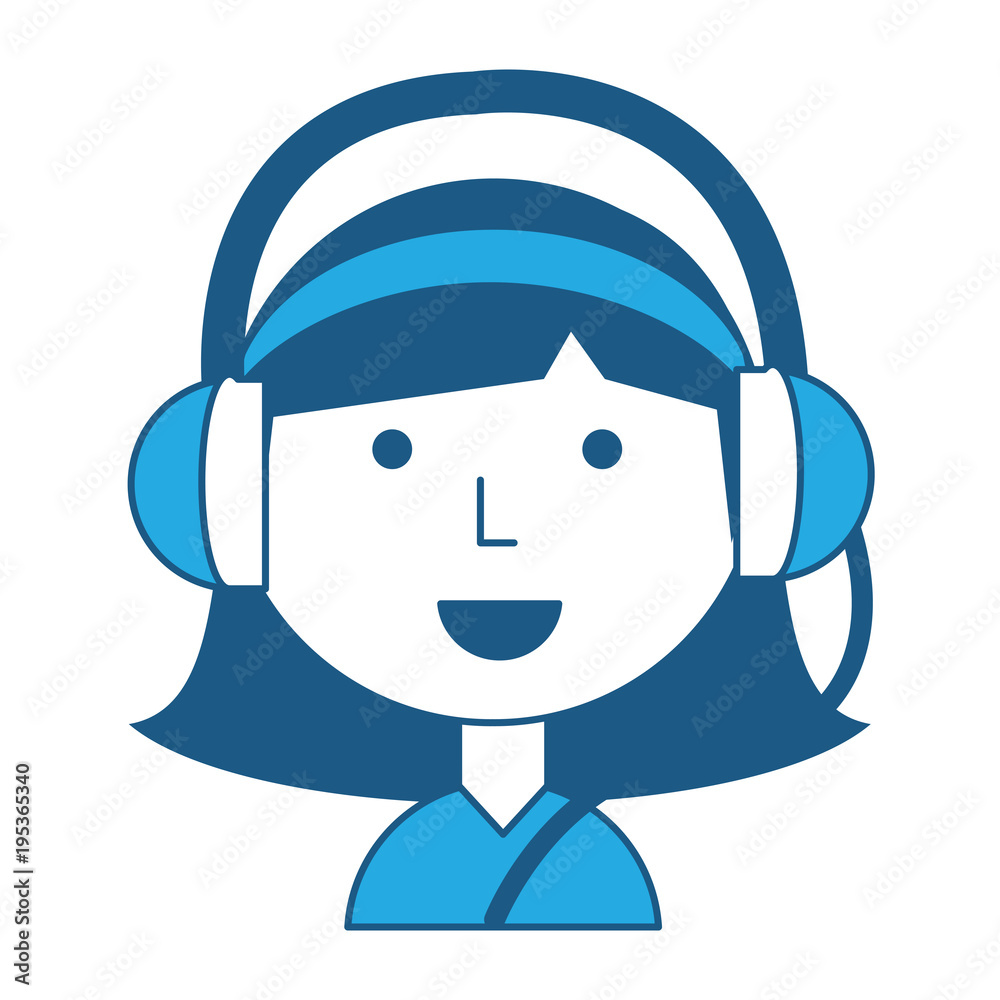 Cartoon girl with headphones over white background, blue shading design. vector illustration Cartoon girl with headphones over white background, blue shading design. vector illustration