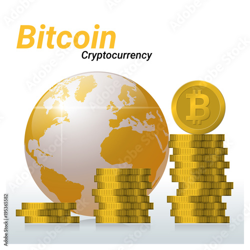 Virtual cryptocurrency concept with golden globe and bitcoin background   vector   illustration