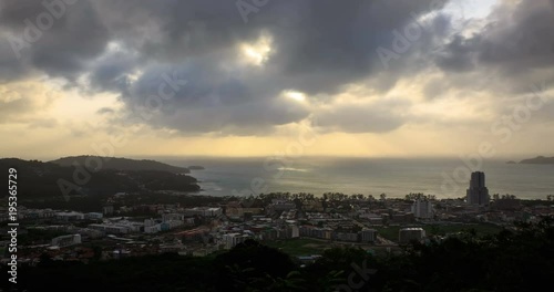 Aerial time lapse of a beautiful sunset at Phuket city, Thailand.