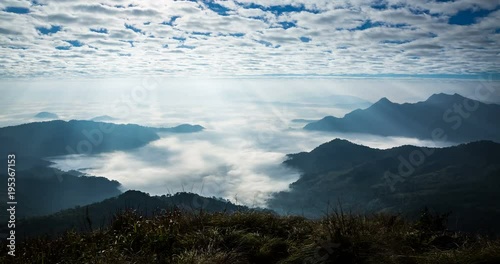 Time lapse of beautiful sun rays shining upon the mountainous landscape at Phu Chi Fah national Park.