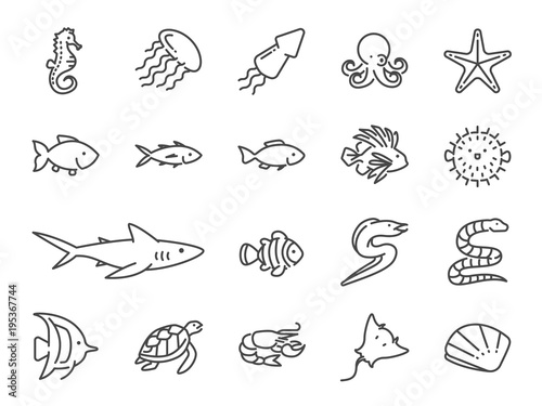 Ocean life line icon set. Included the icons as marine fish, sea fish, shark, seahorse, stingray, mackerel, shell, tuna and more.