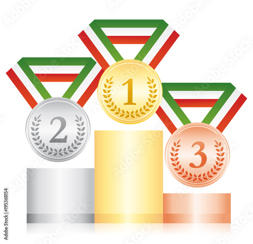 Podium with tricolor medals. Victory italian athletes. Vector illustration.