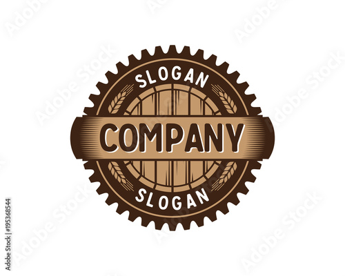 Brewing Factory - Gear with Barrel and Wheat Circle Symbol Ventage Retro Logo Vector