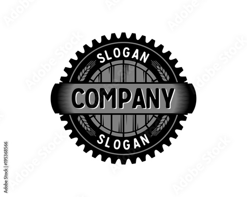 Brewing Factory - Gear with Barrel and Wheat Circle Symbol Ventage Retro Logo Vector