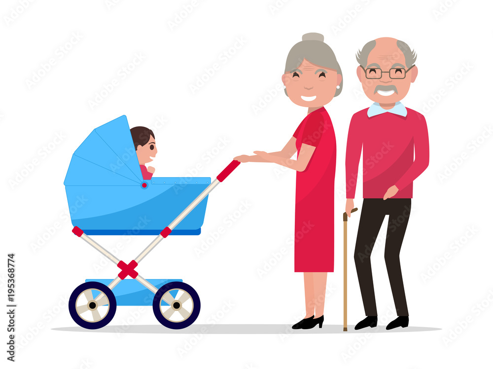 Vector cartoon grandparents with a pram, a toddler Vector cartoon grandparents with a pram, a toddler