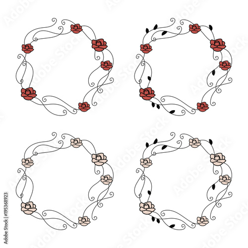 Ornate thin with curls of black lines wreaths with bright red and white roses isolated on white background.