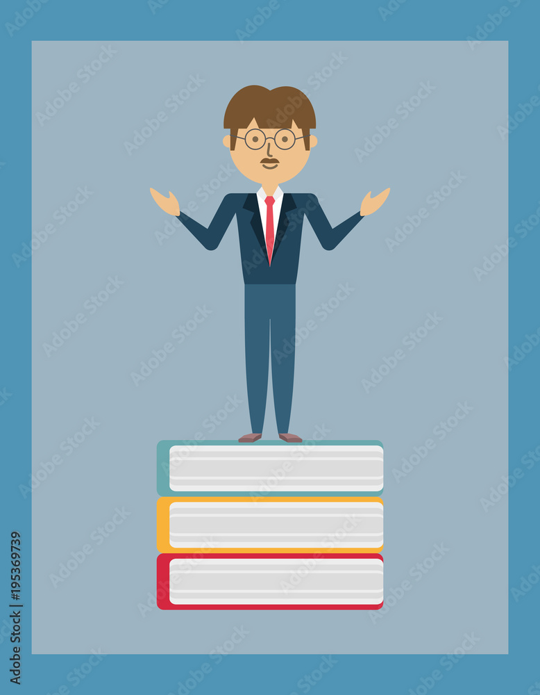 cartoon school teacher standing on a stack of books over blue background, colorful design. vector illustration cartoon school teacher standing on a stack of books over blue background, colorful design. vector illustration