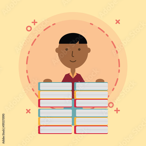 Cartoon school teacher and stack of books over yellow background, colorful design. vector illustration