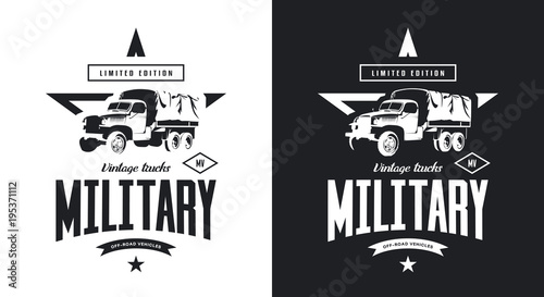Vintage military truck black and white isolated vector logo. 
Premium quality old vehicle logotype t-shirt emblem illustration. American off-road car street wear hipster retro tee print design.