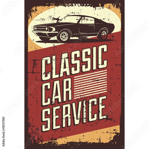 Plakat Ilustracja wektorowa z wizerunkiem starego klasycznego samochodu, logo projektu, plakaty, banery, oznakowanie.