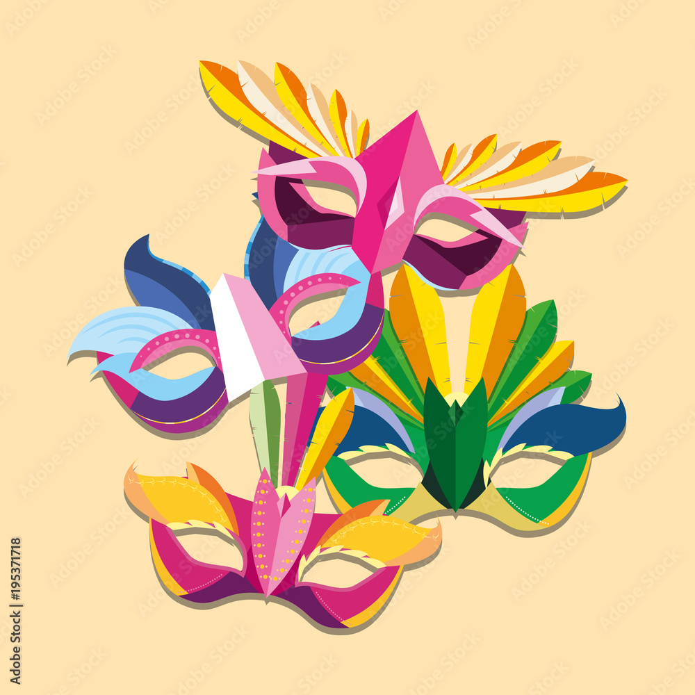 Fototapeta Carnival masks icon over orange background, colorful design vector illustration
