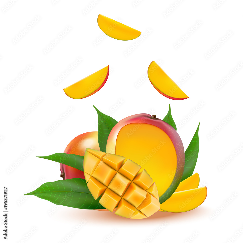Mango fruit for fresh juice, jam, yogurt, pulp. 3d realistic yellow, red, orange ripe mango cubes and leaves isolated on white background for packaging, web design. Falling mango slice. Mango fruit for fresh juice, jam, yogurt, pulp. 3d realistic yellow, red, orange ripe mango cubes and leaves isolated on white background for packaging, web design. Falling mango slice.