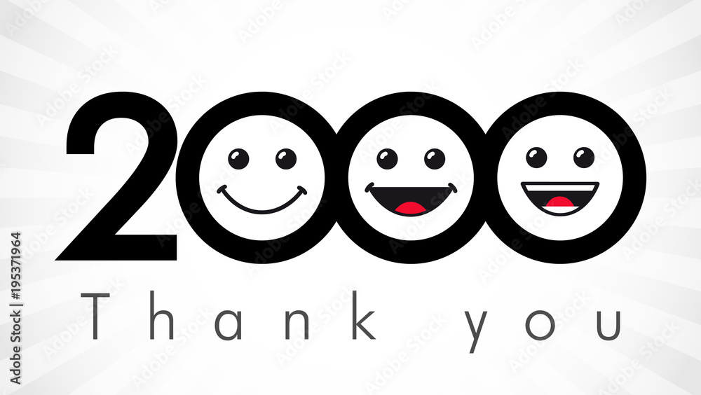 Obraz premium Thank you 2000 followers numbers. Congratulating black and white thanks, image for net friends in 3 three colors, customers likes, % percent off discount. Round isolated emoji smiling people faces.