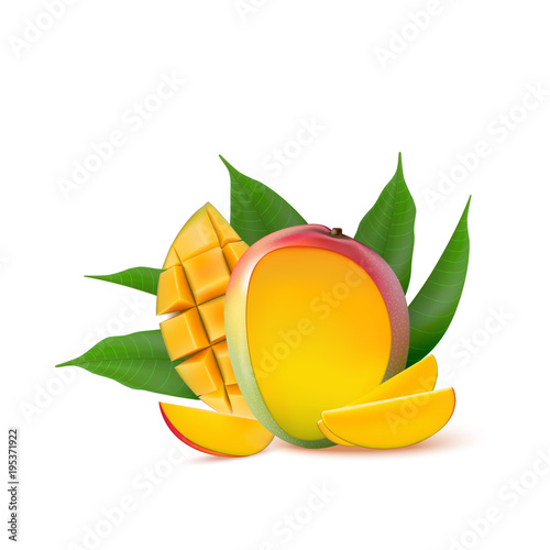 Mango fruit for fresh juice, jam, yogurt, pulp. 3d realistic yellow, red, orange ripe mango cubes and leaves isolated on white background for packaging, web design.
