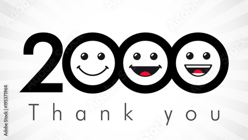 Thank you 2000 followers numbers. Congratulating black and white thanks, image for net friends in 3 three colors, customers likes, % percent off discount. Round isolated emoji smiling people faces.
