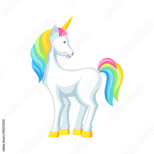 Fantasy pretty white unicorn with colorful mane. Cartoon illustration