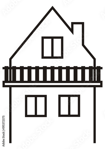 House and balcony, vector icon, white cottage and black contour